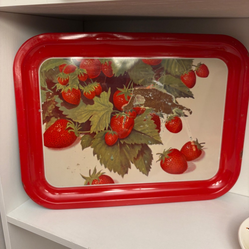 Vintage Strawberry Metal Serving Tray Red Rim Retro Cottagecore Kitchen Decor